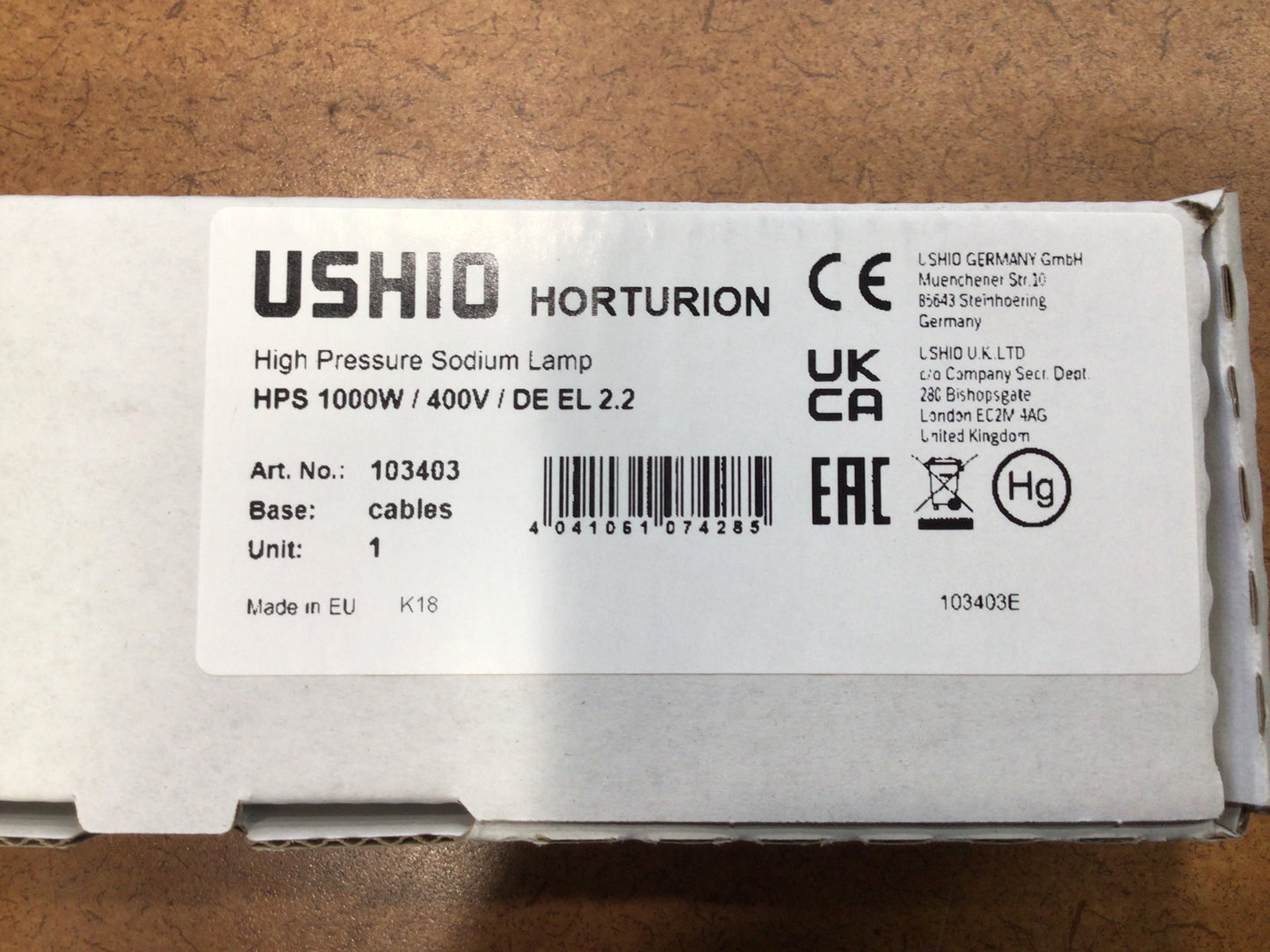 USHIO Horturion High Pressure Sodium Lamp 1000W / 400V / DE EL 2.2