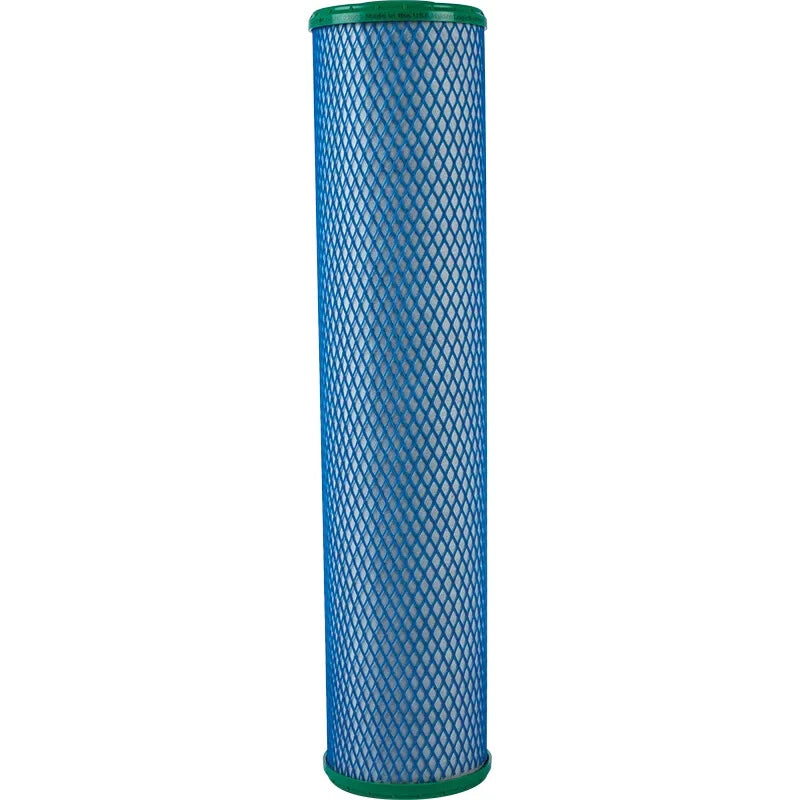 Blue cylindrical filter with green ends on a white background