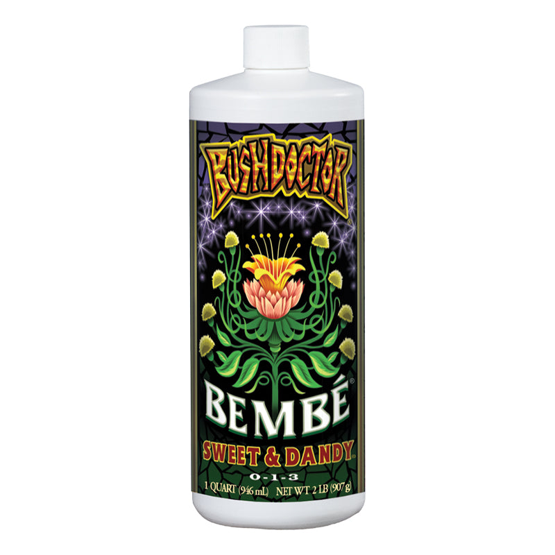 A bottle of Bush Doctor Bembé Sweet & Dandy liquid fertilizer concentrate.