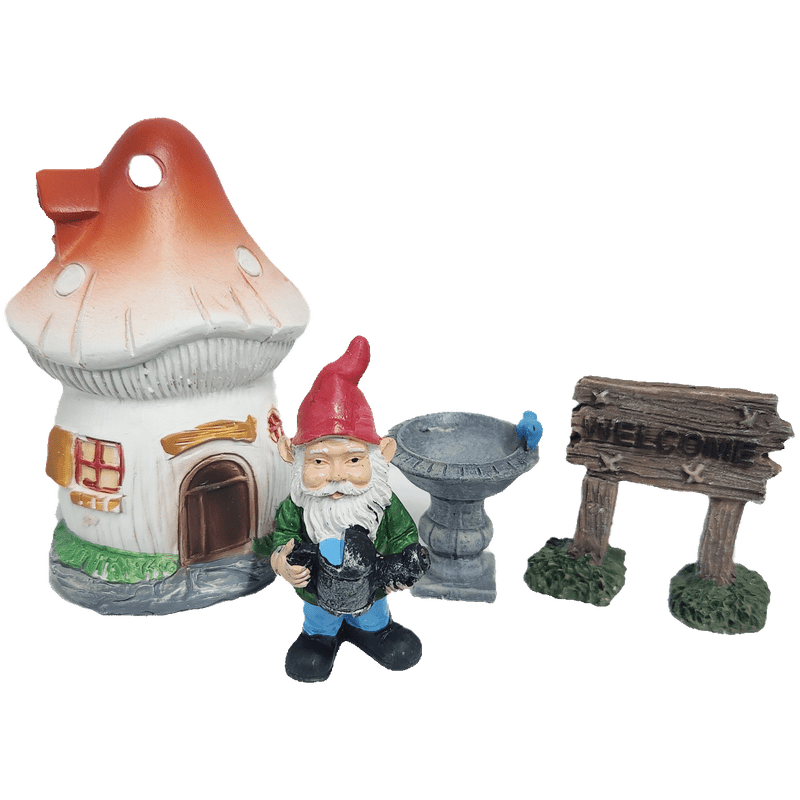 Mini Garden Mushroom House Gnome Set, Mushroom House, Welcome Sign, and Bird Bath, , 4-Piece Set