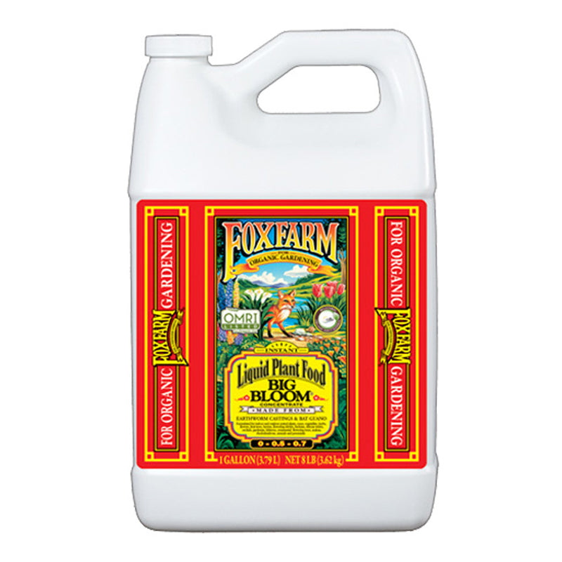 A gallon-sized container of FoxFarm Big Bloom Liquid Plant Food with a colorful label.