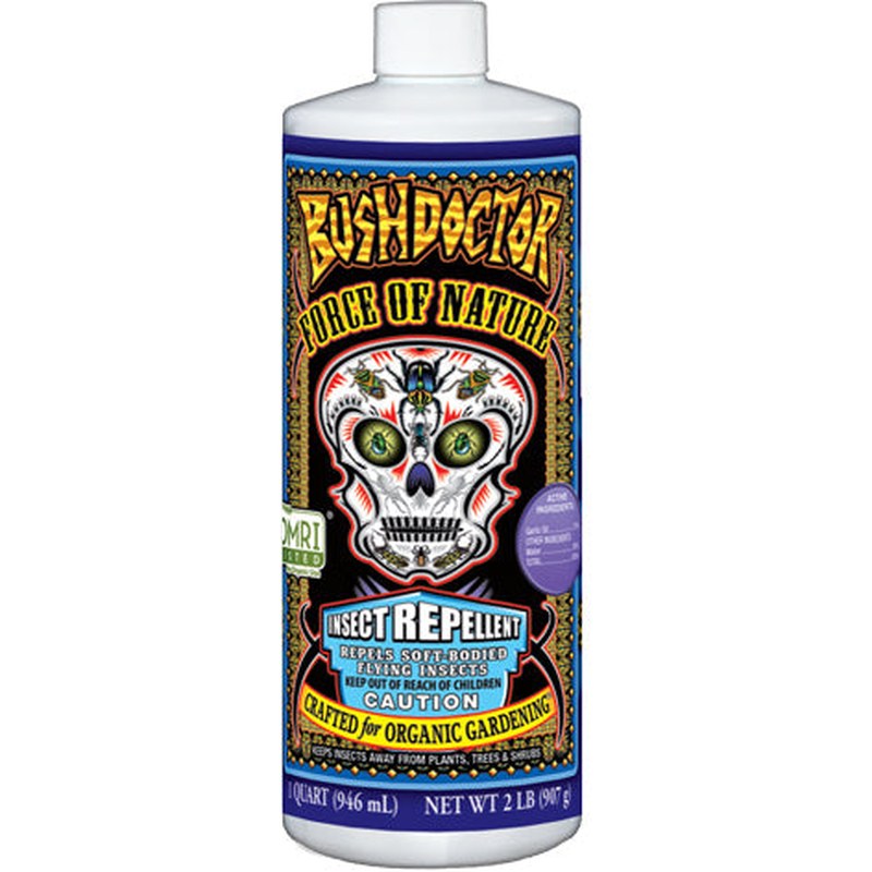 A bottle of FoxFarm Bush Doctor Force of Nature Insect Repellent with a label featuring a skull and decorative elements.