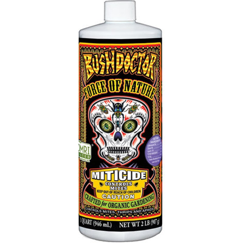 A bottle of FoxFarm Bush Doctor Force of Nature Miticide with a label featuring a skull and decorative elements, indicating it is a miticide for controlling various insects on plants.