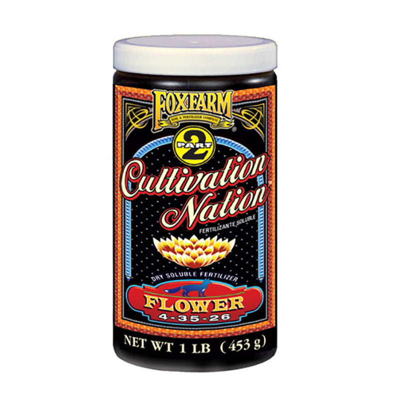 A container of FoxFarm Cultivation Nation Flower 1lb fertilizer with branding and product information on the label.