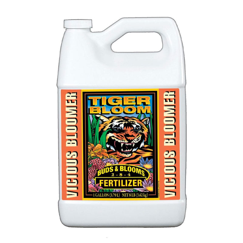 A gallon-sized container of FoxFarm Tiger Bloom liquid plant food with colorful label featuring a tiger.