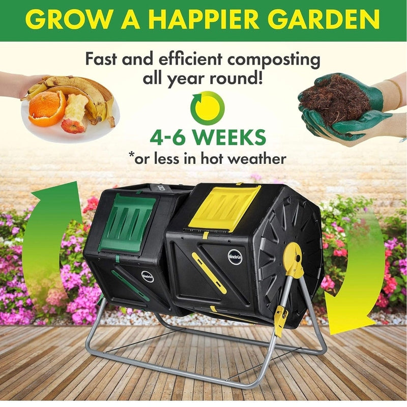 Miracle-Gro Large Dual Chamber Compost Tumbler Easy-Turn, Fast-Working System – All-Season, Heavy-Duty, High Volume Composter with 2 Sliding Doors 37 Gallon 140 Liter