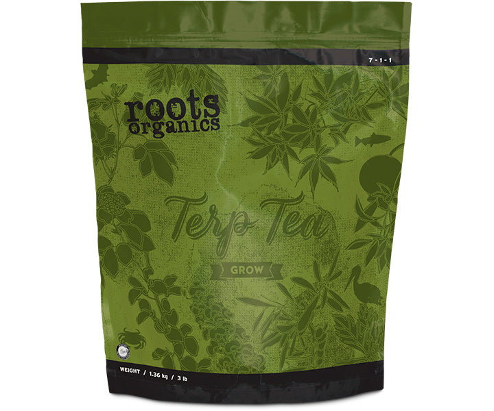 Green package of 'roots organics Terp Tea' with leaf patterns on a white background