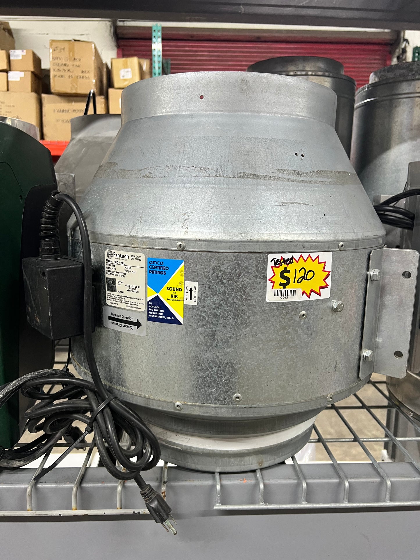 Pre-Owned FKD Series Round Inline Mixed Flow Centrifugal Fan, 12" Duct, 230V (1,305 CFM)