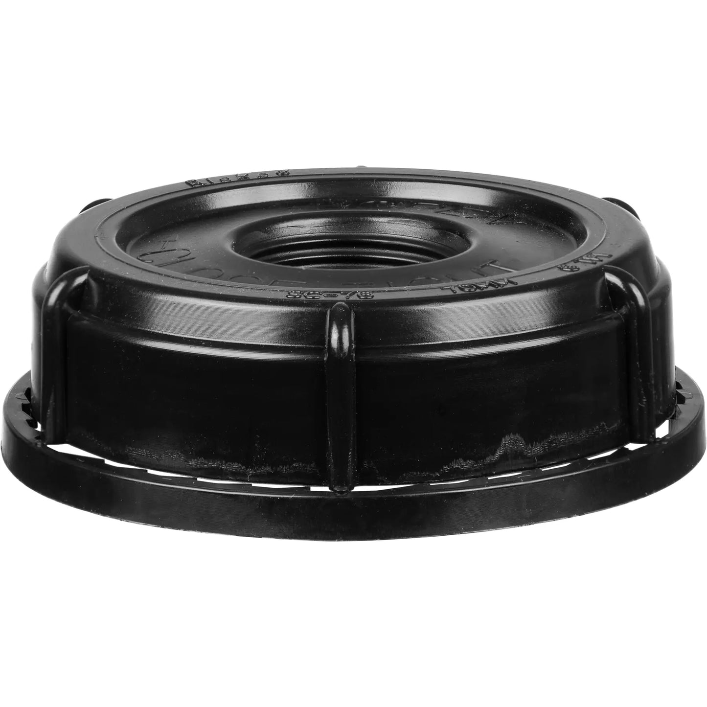 This Rieke® Tamper Evident Black Plastic Buttress Screw Cap with 3/4" Threaded Reducer, SC-76RTE - 70mm (6TPI)