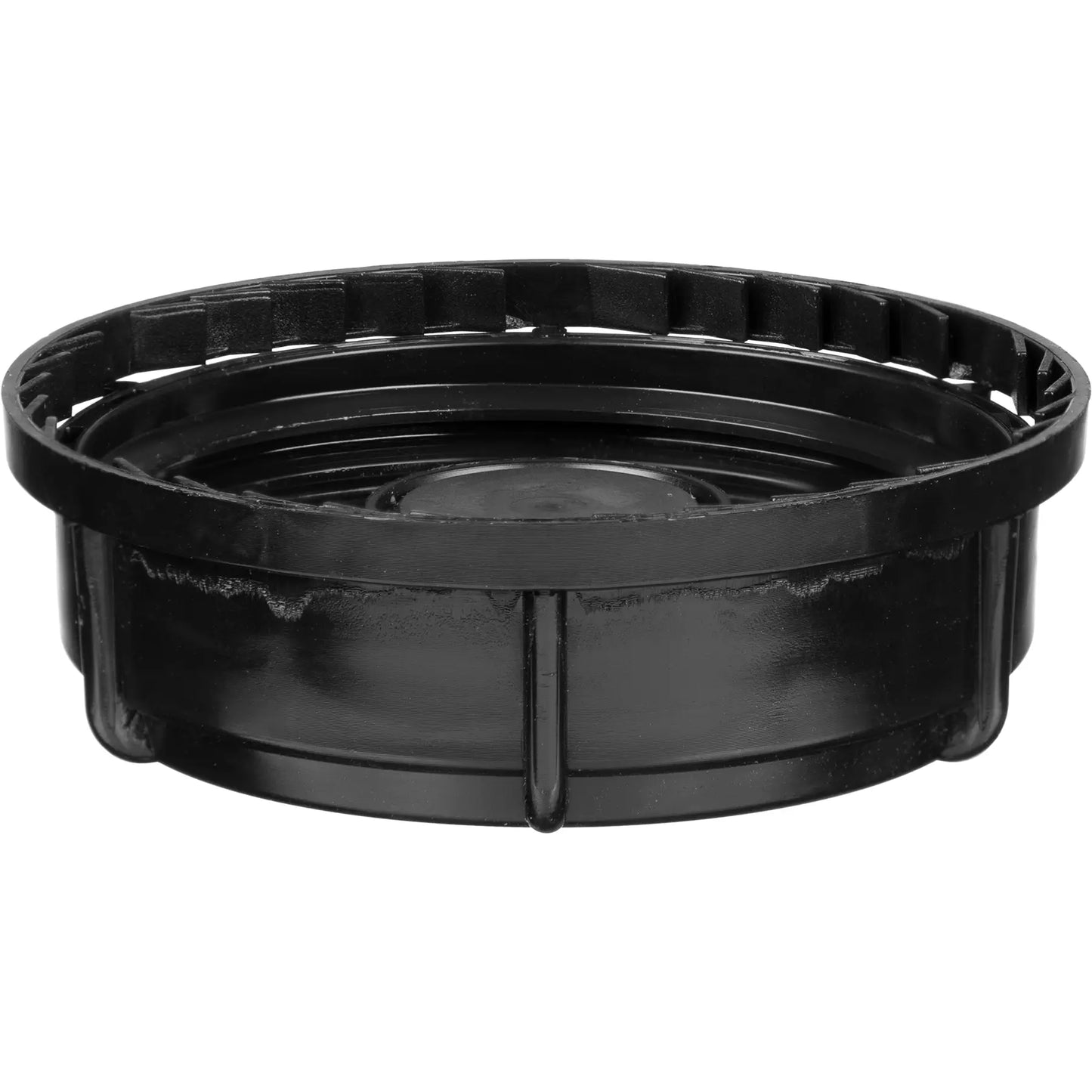 This Rieke® Tamper Evident Black Plastic Buttress Screw Cap with 3/4" Threaded Reducer, SC-76RTE - 70mm (6TPI)