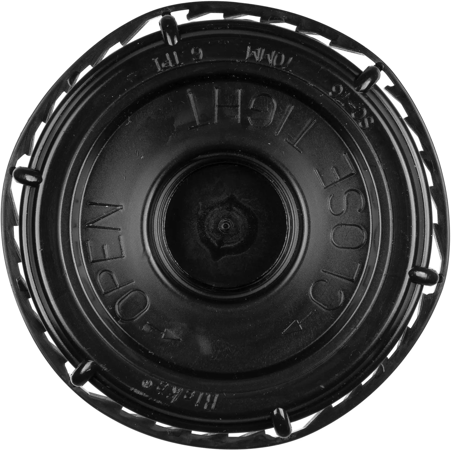 This Rieke® Tamper Evident Black Plastic Buttress Screw Cap with 3/4" Threaded Reducer, SC-76RTE - 70mm (6TPI)