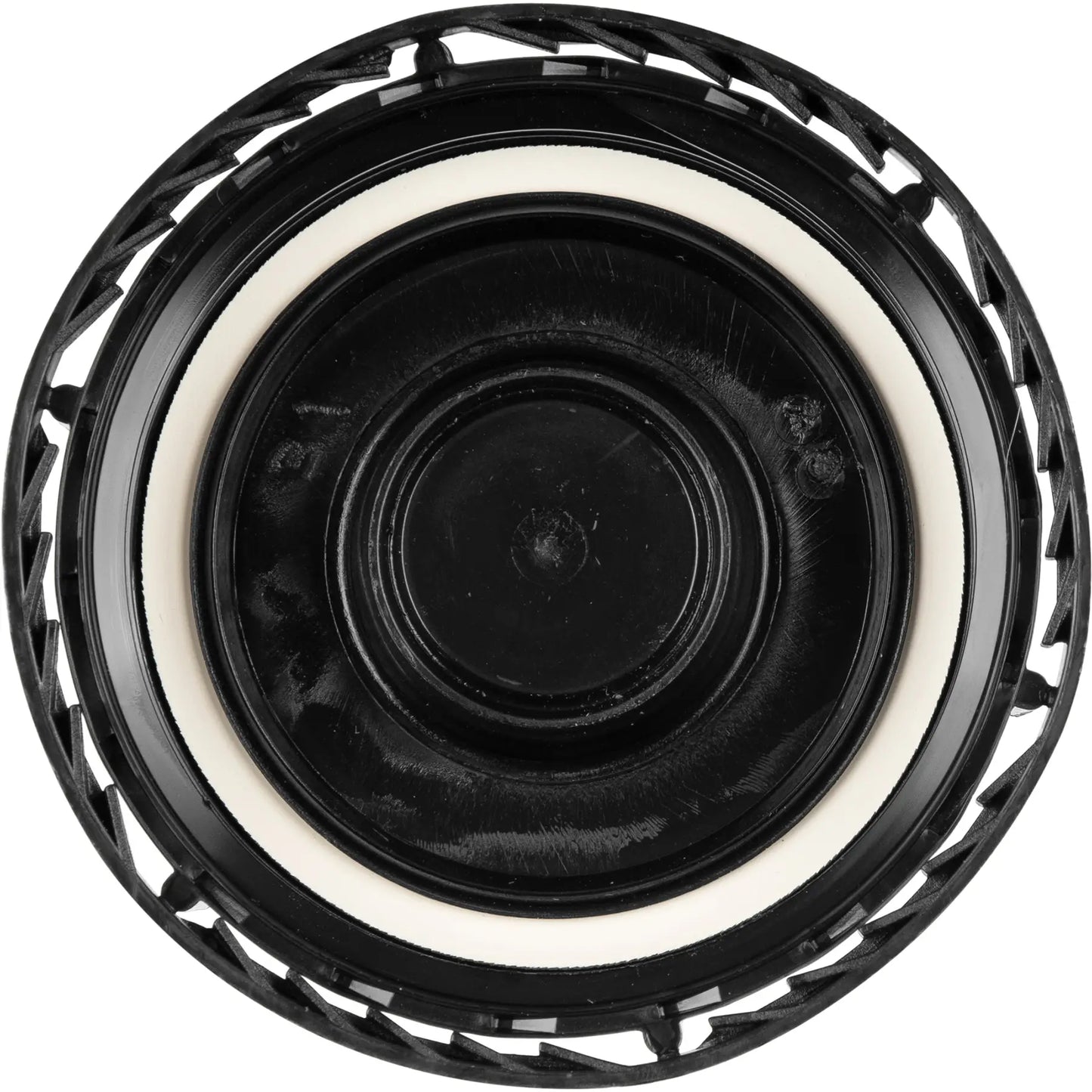 This Rieke® Tamper Evident Black Plastic Buttress Screw Cap with 3/4" Threaded Reducer, SC-76RTE - 70mm (6TPI)
