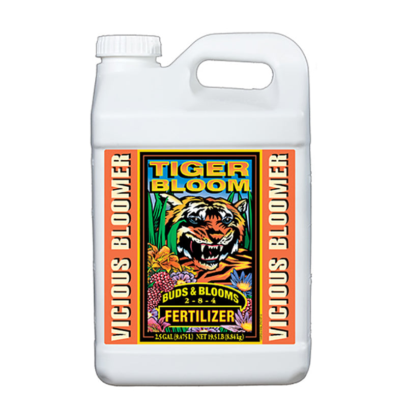 A 2.5 gallon container of FoxFarm Tiger Bloom liquid plant food with a label featuring a tiger and flowers.