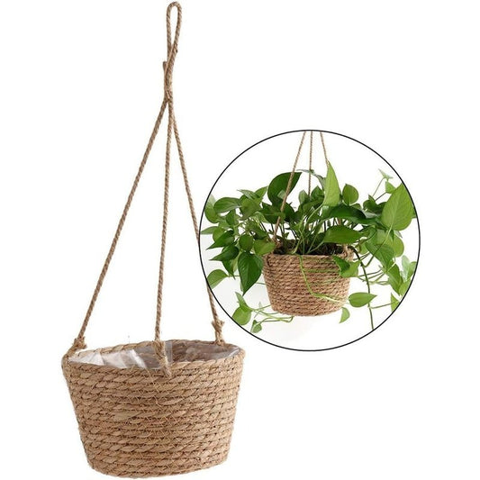Rope Hanging Woven Planter Basket with Plastic Liner, 12 Inch