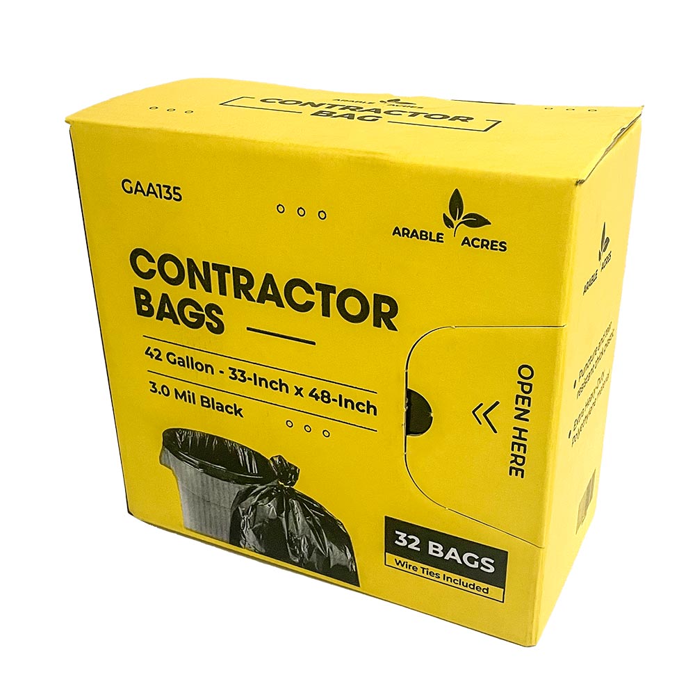 Yellow box of Arable Acres Contractor Bags on a white background