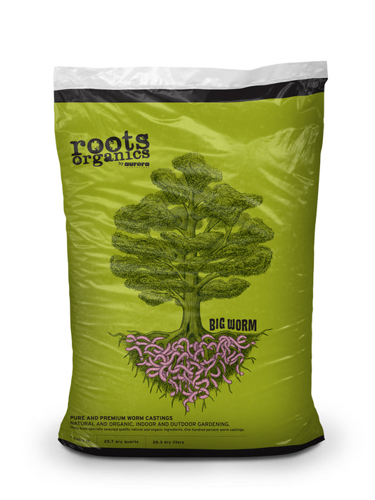 Bag of Roots Organics compost with a tree and worm illustration on a white background