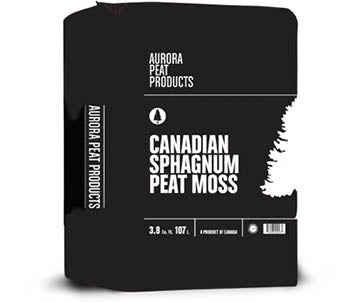 Black bag of Aurora Peat Products Canadian Sphagnum Peat Moss on a white background