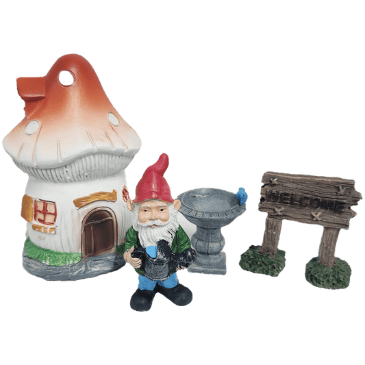 Mini Garden Mushroom House Gnome Set, Mushroom House, Welcome Sign, and Bird Bath, , 4-Piece Set