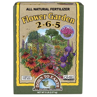 Box of Down to Earth All Natural Fertilizer for Flower Gardens on a white background