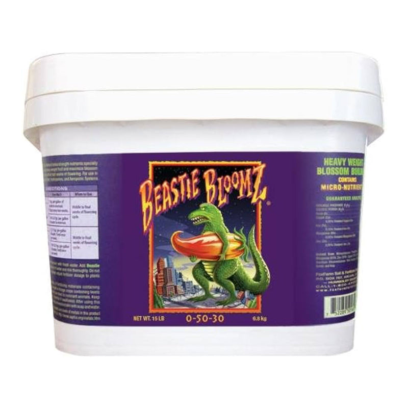 A container of FoxFarm Beastie Bloomz Soluble Fertilizer with a dragon illustration on the label.