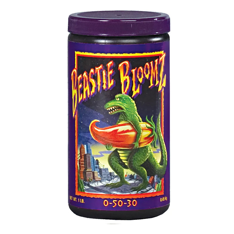 A container of FoxFarm Beastie Bloomz Soluble Fertilizer featuring a green dinosaur on the label.