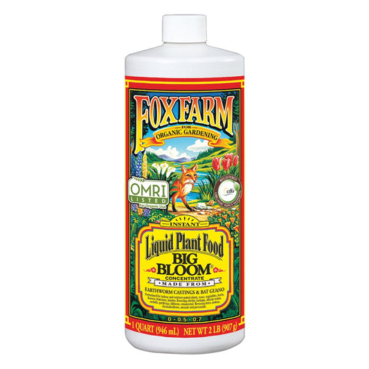 A bottle of FoxFarm Big Bloom Liquid Plant Food, 1 Quart, with colorful label featuring illustrations of plants and a garden setting.