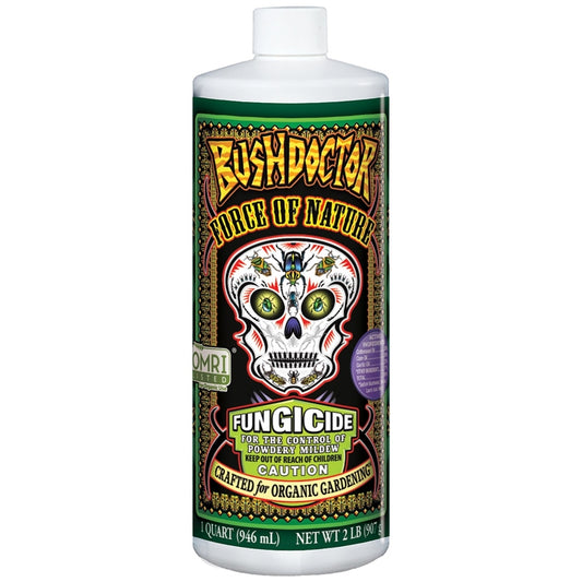 A bottle of FoxFarm Bush Doctor Force of Nature Fungicide with a label featuring a skull and green leaves, indicating it is an organic fungicide with 32 oz. concentration.