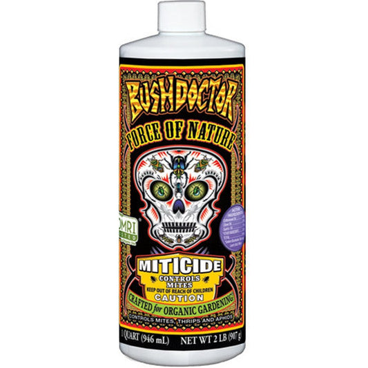 A bottle of FoxFarm Bush Doctor Force of Nature Miticide with a label featuring a skull and decorative elements, indicating it is a miticide for controlling various insects on plants.