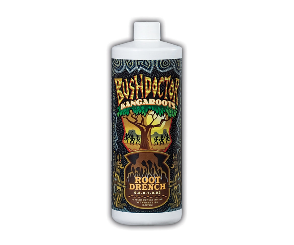 A bottle of FoxFarm Bush Doctor Kangaroots liquid root drench with a label featuring a kangaroo and tree design.