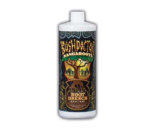 A bottle of FoxFarm Bush Doctor Kangaroots liquid root drench with a label featuring a kangaroo and tree design.
