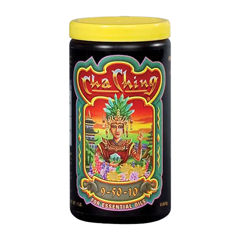 A container of FoxFarm Cha Ching Soluble Fertilizer with a colorful label featuring a character and text.