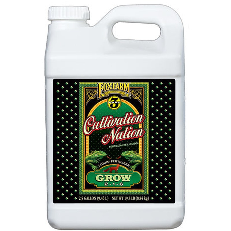 A 1-gallon container of FoxFarm Cultivation Nation Grow 2-1-6 liquid fertilizer with a white cap and label featuring green and red text and images of plants.