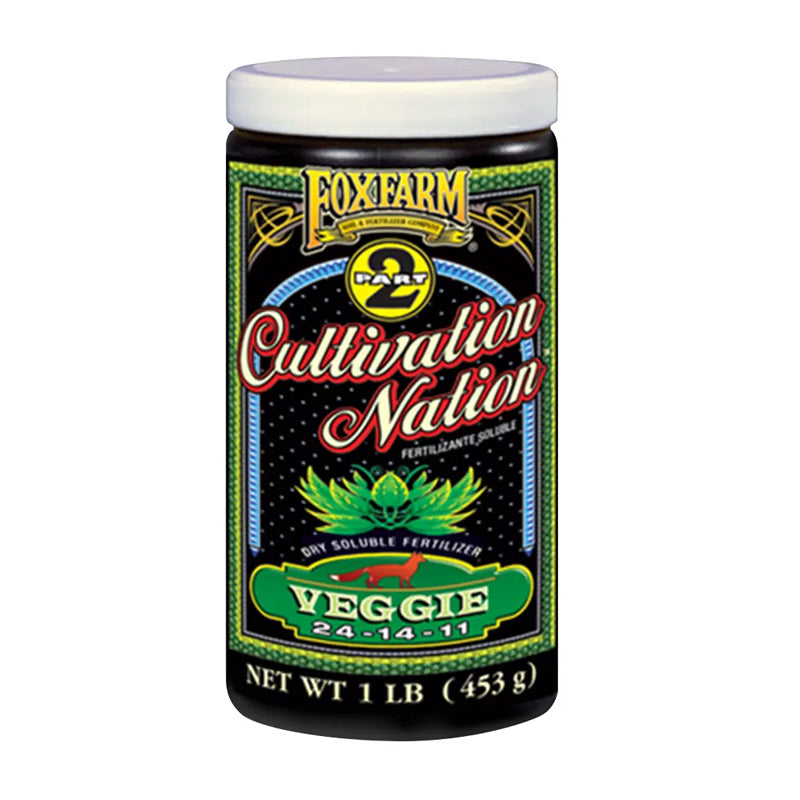 A jar of FoxFarm Cultivation Nation Veggie 1lb fertilizer with branding and product information on the label.