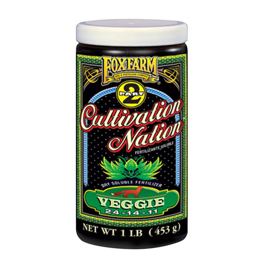 A jar of FoxFarm Cultivation Nation Veggie 1lb fertilizer with branding and product information on the label.