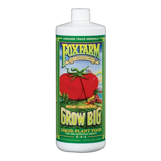 A bottle of FoxFarm Grow Big Liquid Plant Food, 1 Quart, with a label featuring a picture of a tomato.