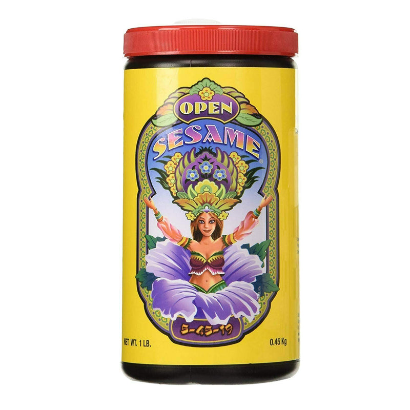 A container of FoxFarm Open Sesame Soluble Fertilizer with a colorful label featuring a botanical design.