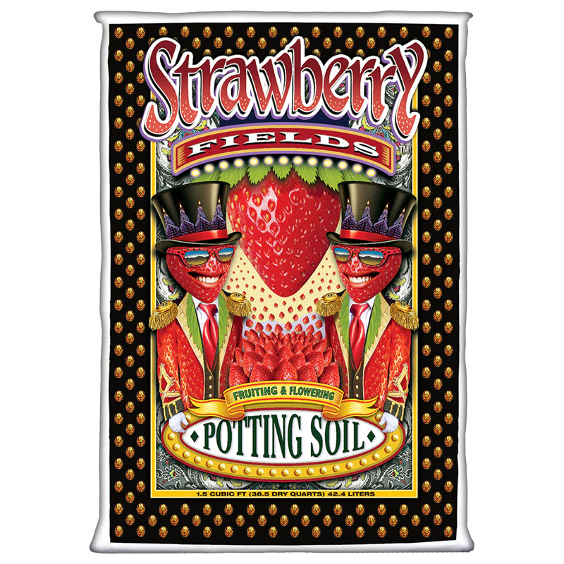 A bag of FoxFarm Strawberry Fields Potting Soil featuring a colorful design with strawberries and floral elements.