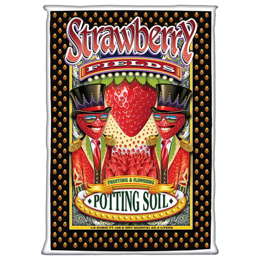 A bag of FoxFarm Strawberry Fields Potting Soil featuring a colorful design with strawberries and floral elements.