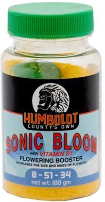 Bottle of Humboldt County's Own Sonic Bloom flowering booster with a green cap.