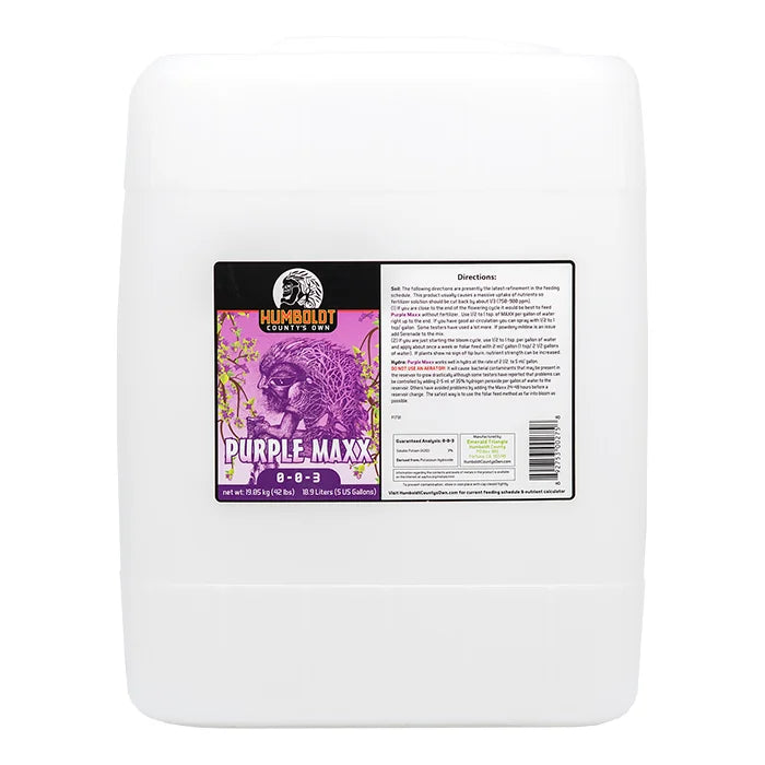 White container with a purple and black label for 'Purple Maxx' fertilizer on a white background