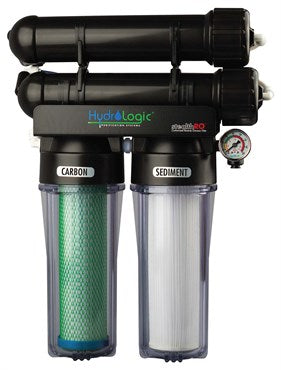 Hydro-Logic water filtration system with carbon and sediment filters on a white background
