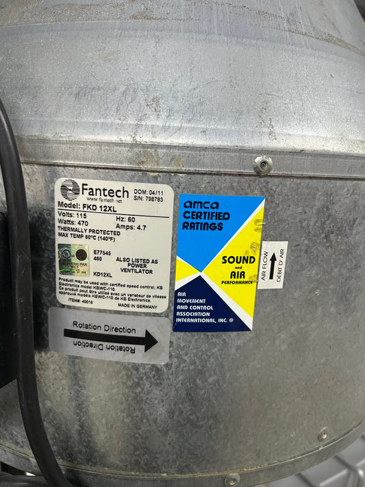 Pre-Owned FKD Series Round Inline Mixed Flow Centrifugal Fan, 12" Duct, 230V (1,305 CFM)