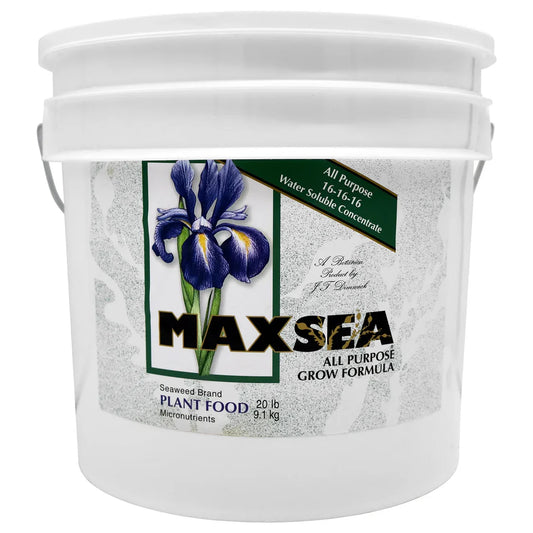 White bucket of Maxsea plant food with a label featuring an iris flower on a white background