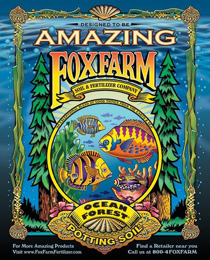 A colorful bag of Foxfarm Ocean Forest potting soil with illustrations of plants and a fish, indicating a product for gardening.