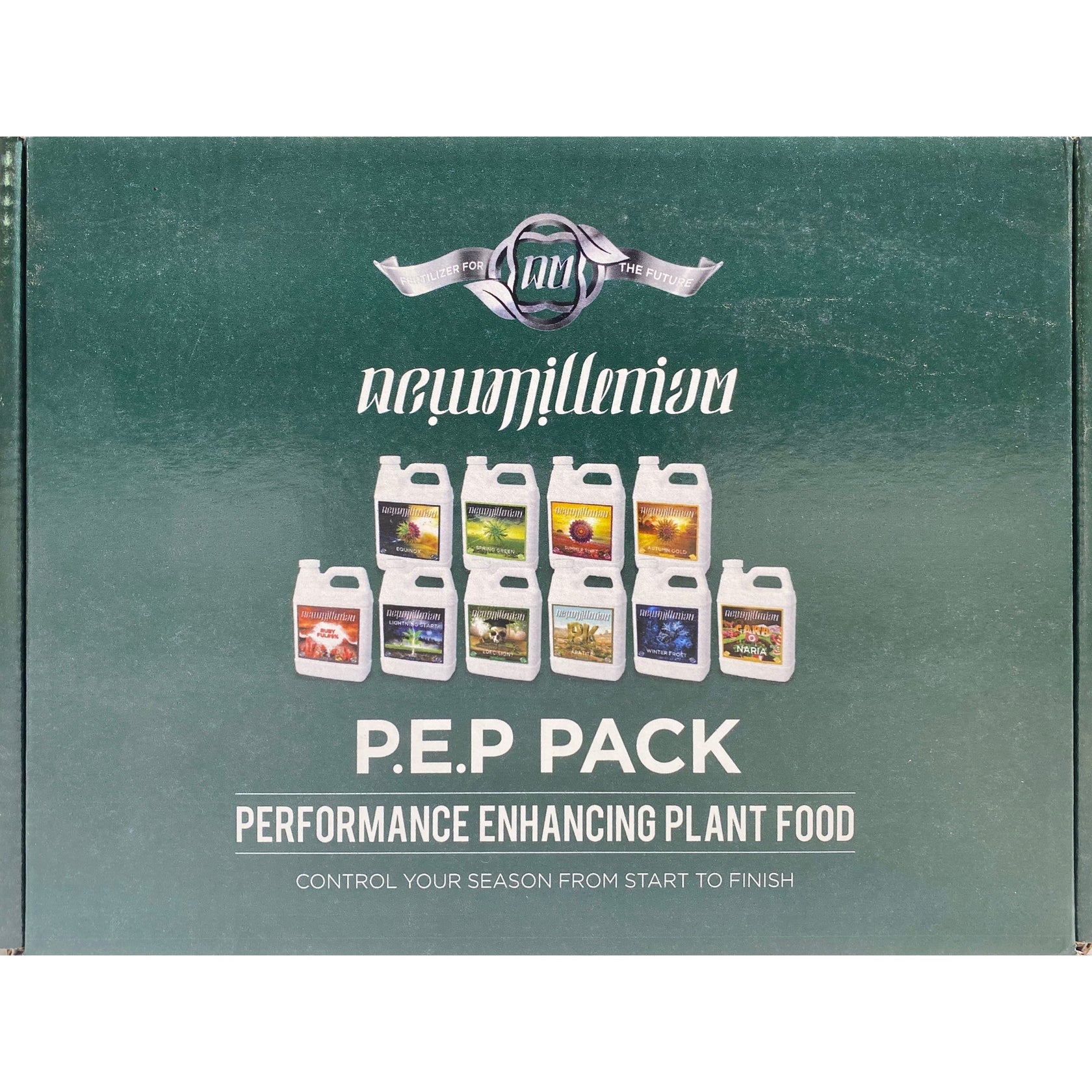 P.E.P Pack performance enhancing plant food packaging with multiple product images on a green background.