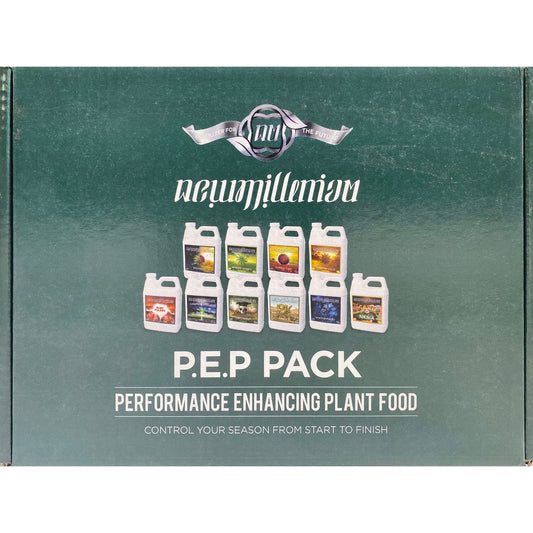 P.E.P Pack performance enhancing plant food packaging with multiple product images on a green background.