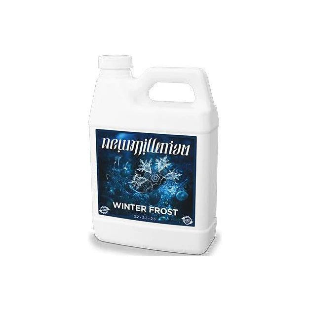 White bottle labeled 'Winter Frost' with a blue label featuring snowflakes on a white background