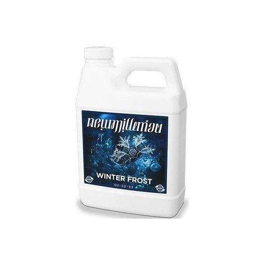 White bottle labeled 'Winter Frost' with a blue label featuring snowflakes on a white background