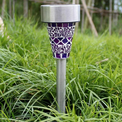 Mosaic Stained Glass, Stainless Steel, LED Solar Pathway Light (Purple)
