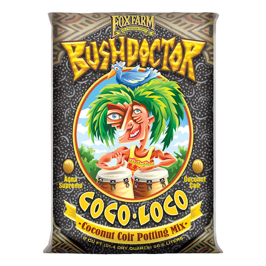 FoxFarm Coco Loco Coconut Coir Potting Mix bag featuring a cartoon character playing bongos. 
